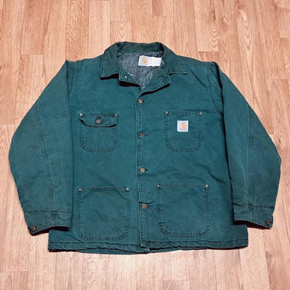 Vintage Carhartt Chore Jacket Blanket Lined Dark Teal Size Large - Picture 1 of 10